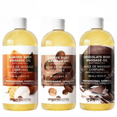 Organic Series Massage Body Oil Super Set ZESTAW Olejek do ciała migdałowy 500 ml + Olejek do ciała czekoladowy 500 ml + Olejek do ciała kawa espresso 500 ml
