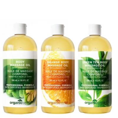 Organic Series Natural Body Massage Oil Set ZESTAW Olejek do ciała naturalny 500 ml + Olejek do ciała pomarańczowy 500 ml + Olejek do ciała zielona herbata 500 ml