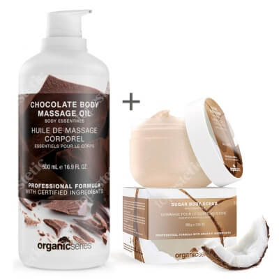 Organic Series Sugar Body Scrub + Chocolate Body Massage Oil ZESTAW Scrub cukrowy 200 ml + Olejek do ciała czekoladowy 500 ml