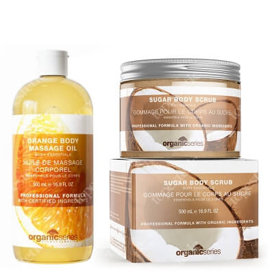 Organic Series Sugar Body Scrub + Orange Body Massage Oil ZESTAW Scrub cukrowy 500 ml + Olejek do ciała pomarańczowy 500 ml