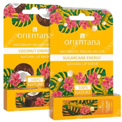 Orientana Coconut Box ZESTAW Naturalny peeling do ust energia trzciny cukrowej 4,2 g + Naturalny balsam do ust kokosowa energia 4,2 g