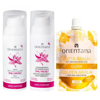 Orientana Kali Musli+ Naturalna Maseczka Glow Gold ZESTAW Krem Kali Musli na dzień 50 ml + Kojąca kuracja Kali Musli na noc 50 ml + Złota Aralia 30 ml