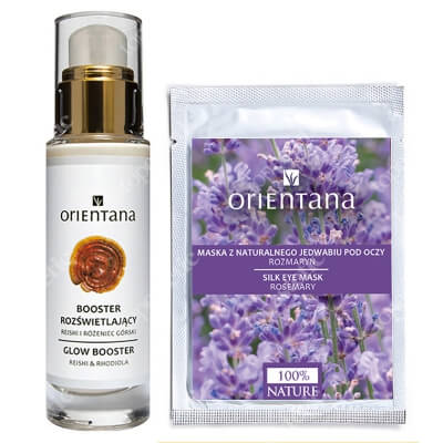 Orientana Natural Silk Mask + Glow Booster Reishi And Rhodiola ZESTAW Maseczka z naturalnego jedwabiu pod oczy - Rozmaryn 1 x 2 szt + Rozświetlający booster reishi i różeniec górski na dzień 30 ml