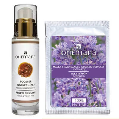 Orientana Natural Silk Mask + Renew Booster Reishi And Violet Rice ZESTAW Maseczka z naturalnego jedwabiu pod oczy - Rozmaryn 1 x 2 szt + Regenerujący booster reishi i fioletowy ryż na noc 30 ml