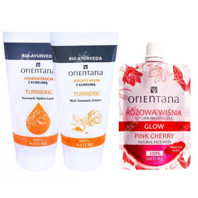 Orientana Rich Turmeric Cream + Turmeric Hydro Cure + Naturalna Maseczka Glow Pink ZESTAW Bogaty krem z kurkumą 30 g + Hydrokuracja z kurkumą 30 g + Różowa wiśnia 30 ml