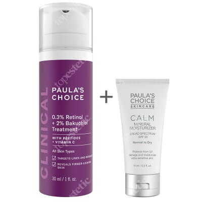 Paulas Choice 0.3% Retinol + 2% Bakuchiol Treatment + Calm Mineral Moisturizer SPF 30 ZESTAW Krem z retinolem o potrójnym działaniu przeciwzmarszkowym 30 ml + Krem nawilżający do skóry normalnej i suchej 15 ml