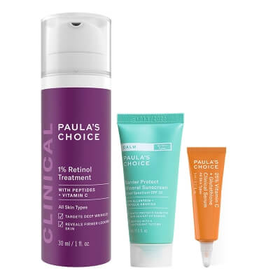 Paulas Choice 1% Retinol + 25% Vitamin C Serum + Mineral Sunscreen SPF 30 ZESTAW Ochrona przeciwsłoneczna SPF 30 15 ml + Kuracja przeciwstarzeniowa 1% retinolu 30 ml + Serum kliniczne z 25% witaminą C 5 ml