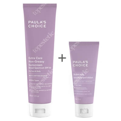 Paulas Choice 2% BHA Body Smoothing Spot Exfoliant + Extra Care Non Greasy Sunscreen SPF 50 ZESTAW Złuszczający balsam do ciała 60 ml + Krem przeciwsłoneczny do skóry tłustej i mieszanej z filtrem 148 ml