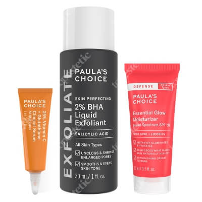 Paulas Choice 4 Tavel ZESTAW Serum kliniczne z 25% witaminą C 5 ml + Płyn złuszczający z 2% kwasem salicylowym 30 ml + Krem dodający blasku z ochroną SPF 30 15 ml