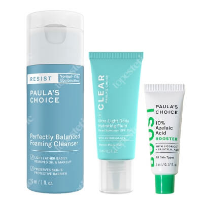 Paulas Choice Balanced Foaming Cleanser + 10% Azelaic Acid Booster + Daily Hydrating Fluid SPF 30 ZESTAW Pianka oczyszczająco-normalizująca 30 ml + Serum wygładzające 5 ml + Krem nawilżający SPF 30