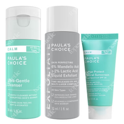 Paulas Choice Calm and Protect ZESTAW Delikatna ochrona przeciwsłoneczna SPF 30 15 ml + Bardzo delikatny żel myjący 30 ml + Płyn złuszczający 30 ml