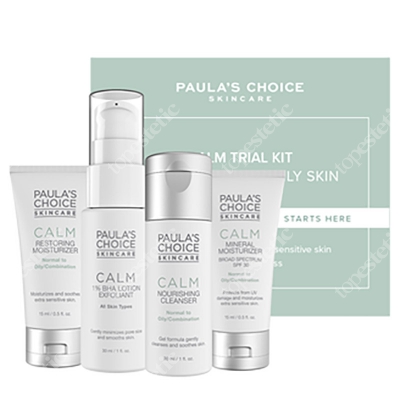 Paulas Choice Calm Travel kit - Oily Skin ZESTAW Płyn oczyszczający 30 ml + Balsam złuszczający 30 ml + Krem nawilżający 15 ml + Krem nawilżający 15 ml