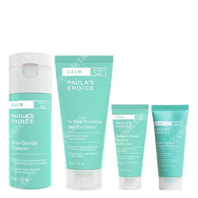 Paulas Choice Calm Travel Set ZESTAW Ochrona przeciwsłoneczna SPF 30 15 ml + Płyn złuszczający 30 ml + Krem nawilżający na noc 15 ml + Żel myjący 30 ml