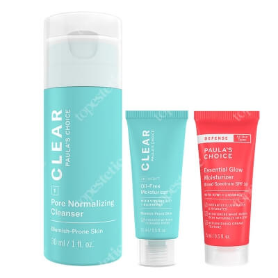 Paulas Choice Clear and Defense Care ZESTAW Żel oczyszczający 30 ml + Lekki, beztłuszczowy krem nawilżający 15 ml + Krem dodający blasku SPF 30 15 ml