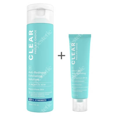 Paulas Choice Clear Anti Redness Exfoliating Solution Extra Strenght + Clear Ultra Light Daily Hydrating Fluid SPF 30 ZESTAW Kuracja złuszczająca do skóry trądzikowej 2% BHA 118 ml + Krem nawilżający do skóry tłustej i trądzikowej 60 ml