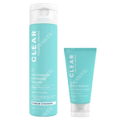 Paulas Choice Clear Anti Redness Exfoliating Solution Regular Strenght + Clear Oil Free Moisturizer ZESTAW Kuracja złuszczająca do skóry trądzikowej 2% BHA 118 ml + Lekki, beztłuszczowy krem nawilżający dla skóry problematycznej 60 ml