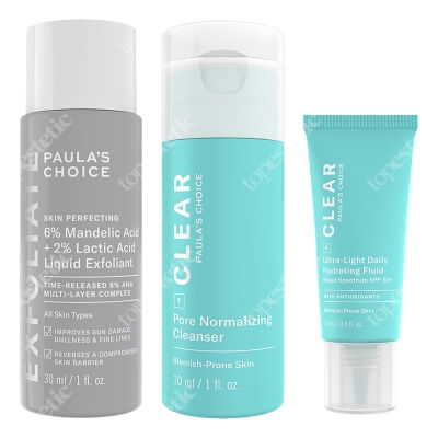 Paulas Choice Clear Gel + Liquid Exfoliant + Hydrating Fluid SPF 30 ZESTAW Żel oczyszczający 30 ml + Płyn złuszczający 30 ml + Krem nawilżający SPF 30 15 ml