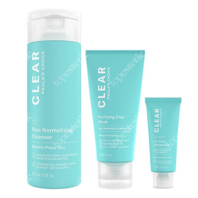 Paulas Choice Clear Skin Care ZESTAW Glinka oczyszczająca 88 ml + Lekki, beztłuszczowy krem nawilżający 15 ml + Żel oczyszczający do skóry tłustej i trądzikowej 177 ml