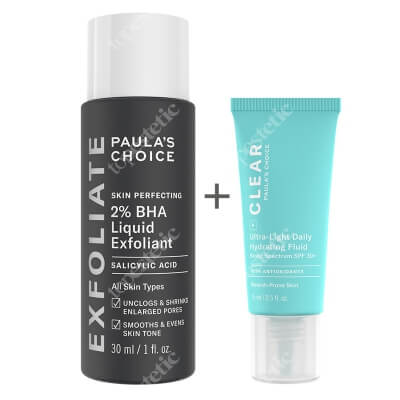 Paulas Choice Clear Ultra Light Daily Hydrating Fluid SPF30 + Skin Perfecting 2% BHA Liquid ZESTAW Krem nawilżający do skóry tłustej i trądzikowej 15 ml + Płyn złuszczający z 2% kwasem salicylowym 30 ml
