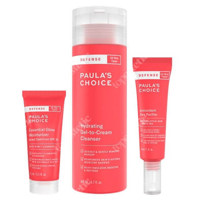 Paulas Choice Defense Care ZESTAW Jedwabisty żel oczyszczający 198 ml + Preparat oczyszczający pory z kwasem salicylowym 30 ml + Krem dodający blasku SPF 30 15 ml