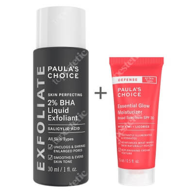 Paulas Choice Defense Essential Glow Moisturizer SPF 30 + Skin Perfecting 2% BHA Liquid ZESTAW Rozświetlający krem z ochroną SPF 30 15 ml + Płyn złuszczający 30 ml