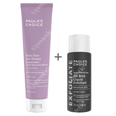 Paulas Choice Extra Care Non Greasy Sunscreen SPF 50 + Skin Perfecting 2% BHA Liquid ZESTAW Krem przeciwsłoneczny do skóry tłustej i mieszanej z filtrem 148 ml + Płyn złuszczający z 2% kwasem salicylowym 30 ml