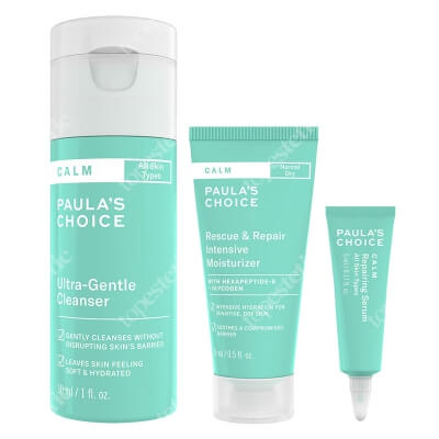 Paulas Choice New Calm Sensitive Travel Set ZESTAW Bardzo delikatny żel myjący 30 ml + Krem nawilżający na noc do skóry suchej 15 ml + Serum naprawcze z ceramidami i beta glucan 5 ml