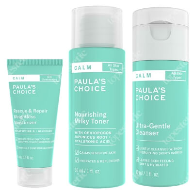 Paulas Choice New Calm Travel Set  ZESTAW Bardzo delikatny żel myjący 30 ml + Krem nawilżający na noc do skóry tłustej 15 ml + Odżywczy mleczny tonik 30 ml