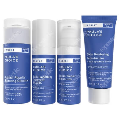 Paulas Choice Trial Kit Resist Anti-Aging for Normal to Dry Skin ZESTAW Lotion oczyszczający 30 ml + Kuracja wygładzająca 10 ml + Krem 15 ml + Krem 10 ml