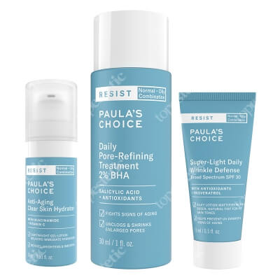 Paulas Choice Resist Anti Aging Clear Skin ZESTAW Krem nawilżający na noc 10 ml + Lekki krem nawilżający z filtrem 15 ml + Kuracja normalizująca, zwężająca pory na dzień 30 ml