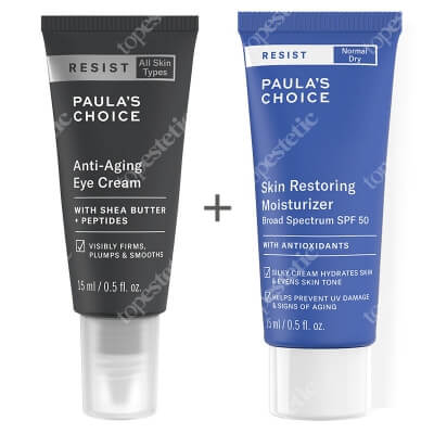 Paulas Choice Resist Anti Aging Eye Cream + Resist Skin Restoring Moisturizer SPF 50 ZESTAW Przeciwzmarszczkowy krem pod oczy 15 ml + Antyoksydacyjny krem przeciwzmarszczkowy z filtrem 15 ml