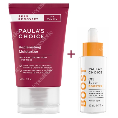 Paulas Choice Resist C15 Super Booster + Skin Recovery Replenishing Moisturizer ZESTAW Serum z 15% witaminą C, E i kwasem ferulowym 20 ml + Krem do skóry suchej 60 ml