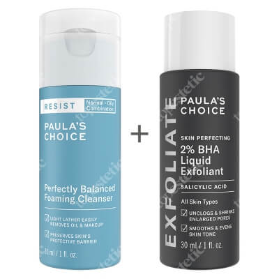 Paulas Choice Resist Perfectly Balanced Foaming Cleanser + Skin Perfecting 2% BHA Liquid ZESTAW Pianka oczyszczająco-normalizująca 30 ml + Płyn złuszczający z 2% kwasem salicylowym 30 ml