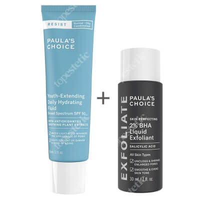 Paulas Choice Resist Youth Extending Daily Hydrating Fluid SPF 50 + Skin Perfecting 2% BHA Liquid ZESTAW Fluid nawilżający do skóry tłustej i mieszanej 60 ml + Płyn złuszczający z 2% kwasem salicylowym 30 ml