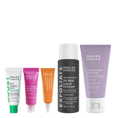 Paulas Choice Serum Set Travel ZESTAW Serum wygładzające 5 ml + Serum do ciała 30 ml + Serum pod oczy 5 ml + Płyn złuszczający 30 ml + Serum z wit. C 5 ml