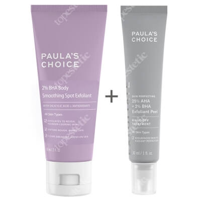 Paulas Choice Skin Perfecting 25% AHA + 2% BHA Exfoliant Peel + 2% BHA Body Smoothing Spot Exfoliant ZESTAW Peeling Złuszczający 30 ml + Wygładzający peeling do ciała 60 ml