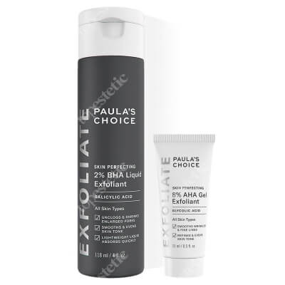 Paulas Choice Skin Perfecting 8% AHA Gel + Skin Perfecting 2% BHA Liquid ZESTAW Żel złuszczający 15 ml + Płyn złuszczający z 2% kwasem salicylowym 118 ml