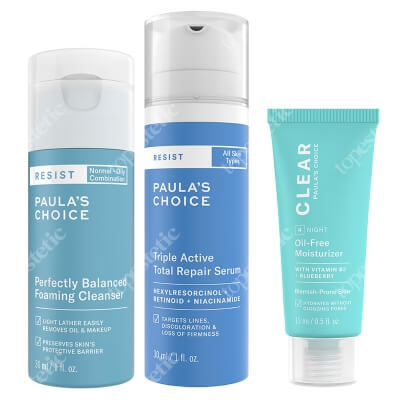 Paulas Choice Triple Active Total Repair Serum + Resist Perfectly Cleanser + Clear Oil Free Moisturizer ZESTAW Potrójnie aktywne serum naprawcze 30 ml + Pianka oczyszczająco-normalizująca 30 ml + Lekki, beztłuszczowy krem nawilżający 15 ml