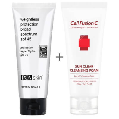 PCA Skin Weightless Protection Broad Spectrum SPF 45 + Sun Clear Cleansing Foam ZESTAW Filtr ochronny 60 g + Pianka oczyszczająca do zmywania filtrów przeciwsłonecznych 120 ml