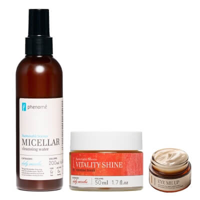 Phenome Vitality Shine Skin ZESTAW Woda micelarna 200 ml + Krem pod oczy 15 ml + Rozświetlająca maska 50 ml