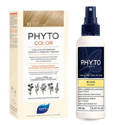 Phyto Blond Set ZESTAW Farba do włosów - ekstra jasny blond (10 Blond Extra Clair) 50+50+12 + Spray rozjaśniający nadający refleksy do włosów blond 150 ml
