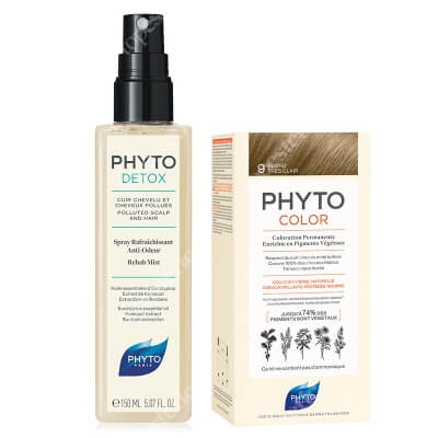Phyto Detox Rehab Mist + PhytoColor ZESTAW Spray oczyszczający 150 ml + Farba do włosów - bardzo jasny blond (9 Blond Tres Clair) 50+50+12