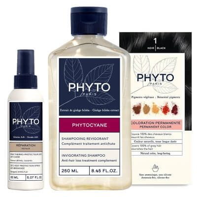 Phyto Hair Set ZESTAW Farba do włosów - czarny (kolor 1 Noir) 1 szt + Rewitalizujący szampon dla kobiet 250 ml + Spray termoochronny 150 ml