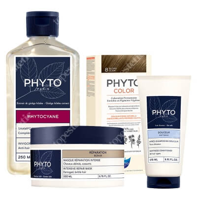 Phyto Phyto Set ZESTAW Farba do włosów - jasny blond (8 Blond Clair) 50+50+12 + Szampon 250 ml + Odżywka 175 ml + Maska 200 ml