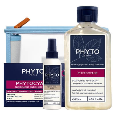 Phyto Phyto Topestetic Set ZESTAW Kuracja przeciw okresowemu wypadaniu włosów dla kobiet 12x 5 ml + Szampon 250 ml + Spray termoochronny 150 ml + Kosmetyczka 1 szt