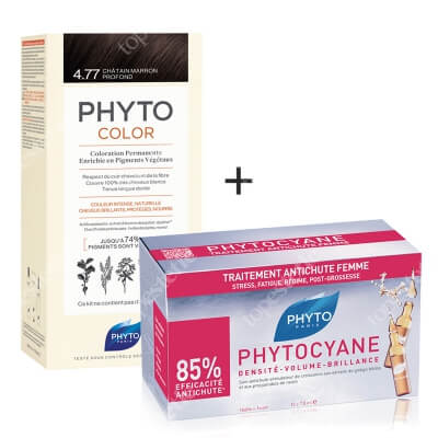 Phyto PhytoColor 4,77 Chatain Marron & Phytocyane ZESTAW Farba do włosów - kasztanowy brąz 50+50+12 + Ampułki przeciw wypadaniu włosów 12x7,5 ml