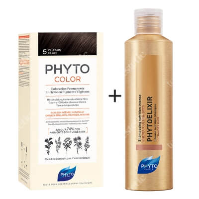 Phyto PhytoColor 5 Chatain & Phytoelixir Shampoo ZESTAW Farba do włosów - jasny kasztan 50+50+12 + Szampon odżywczy 200 ml