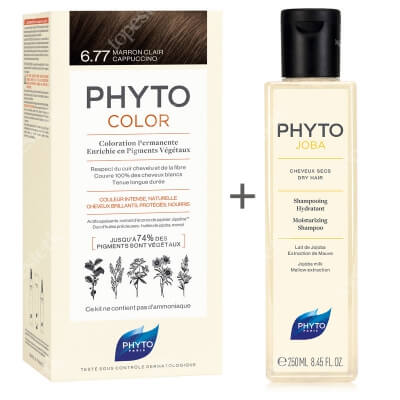 Phyto PhytoColor 6,77 Marron Clair Cappuccino & Phytojoba ZESTAW Farba do włosów - jasne brązowe Capuccino 50+50+12 + Szampon nawilżający 250 ml