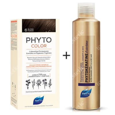 Phyto PhytoColor 6 Blond Fonce & Phytokeratine Extreme Shampoo ZESTAW Farba do włosów - ciemny blond 50+50+12 + Keratynowy szampon odbudowujący 200 ml