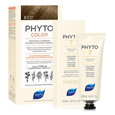 Phyto PhytoColor 8 + Phyto 7 ZESTAW Farba do włosów - kolor jasny blond 50+50+12 + Krem do codziennej pielęgnacji 50 ml